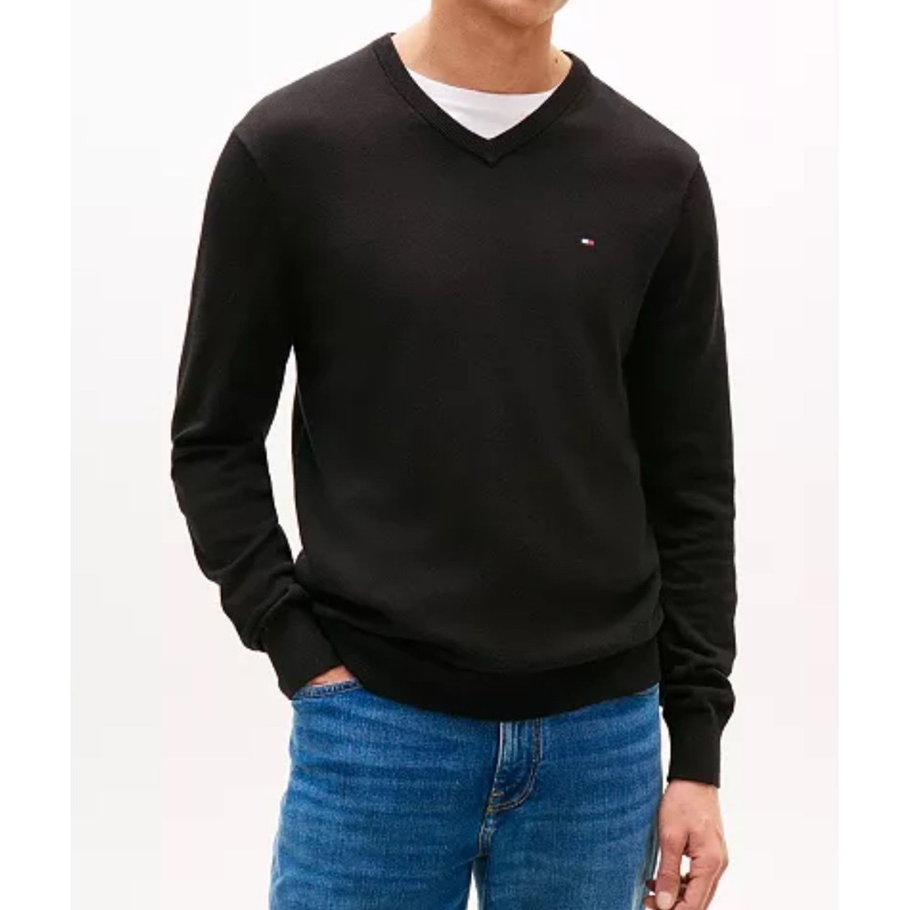 Tommy Hilfiger Mens Black Premium Cotton V-Neck Sweater Size Large Logo EUC